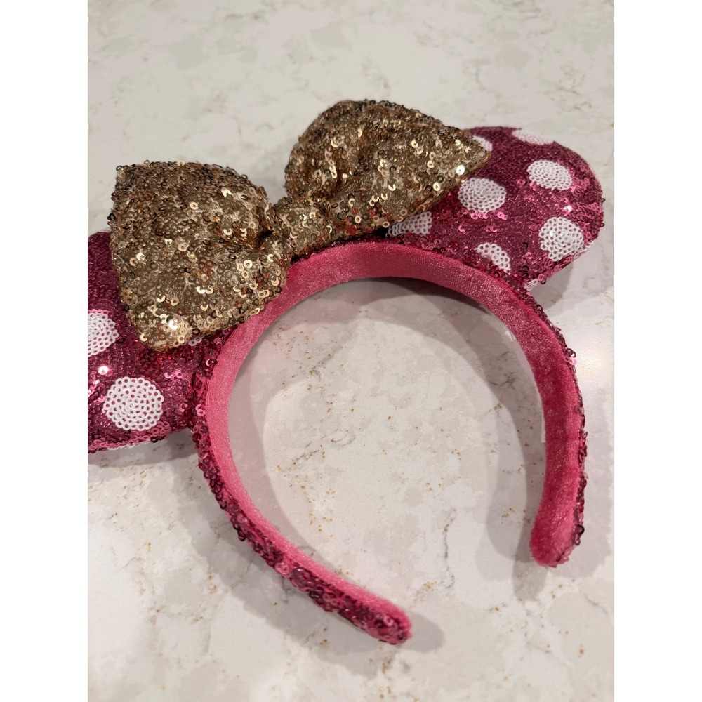 Disney Parks Minnie Mouse Ears Headband Pink Gold Sequin Polka Dot Accessory - Picture 2 of 3